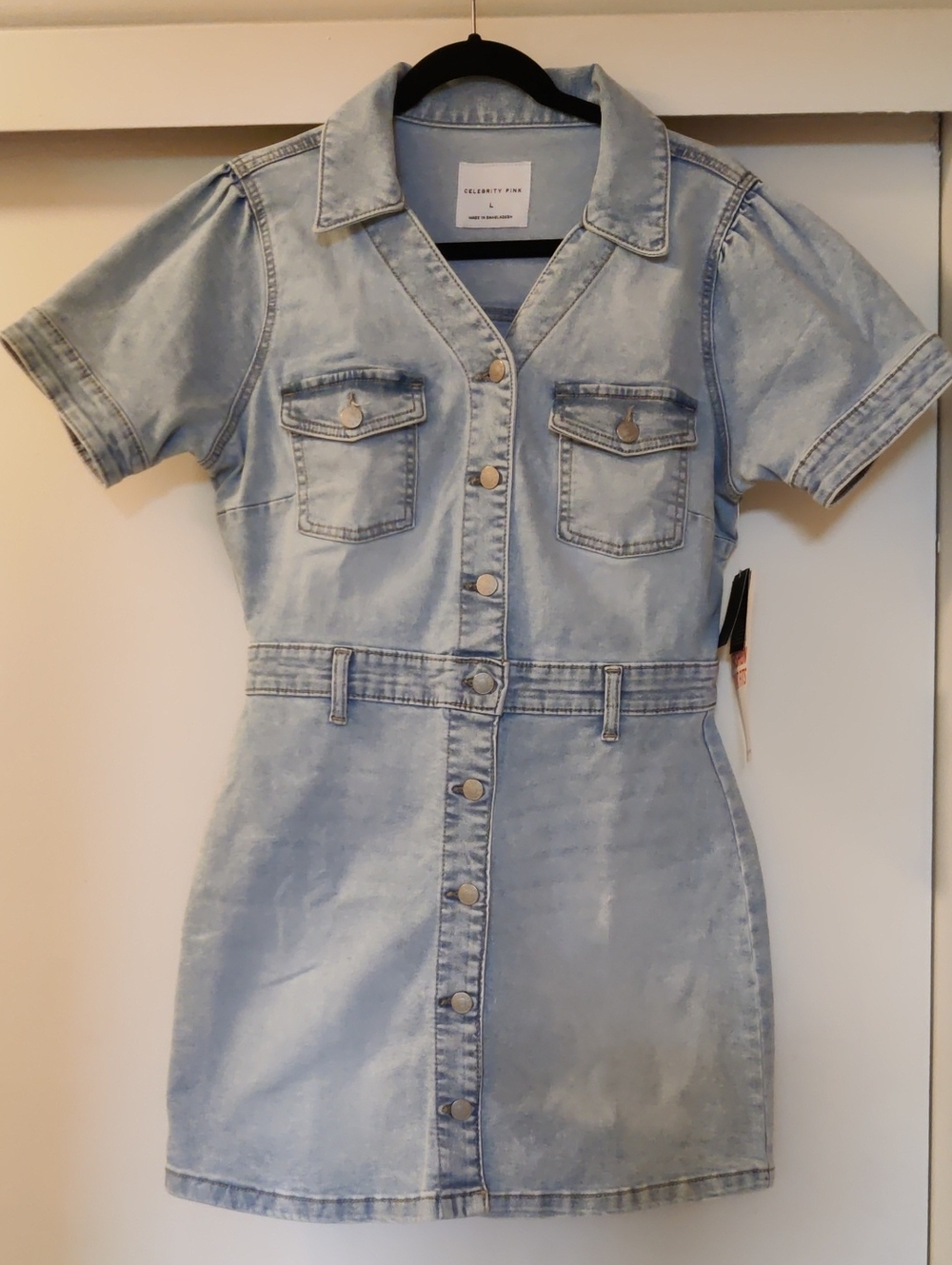 NEW Celebrity Pink Light Blue Denim Button-Front Dress Stretch Size L